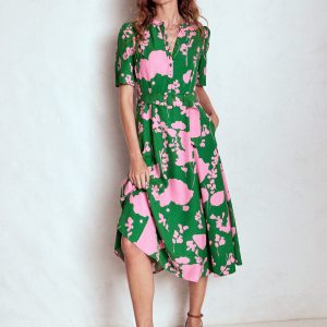 Kate Puff Sleeve Belted Dress-Highland Green, Dainty Sprigs