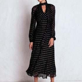 Tie Neck Midi Dress-Black and Silver Clip