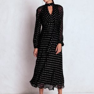 Tie Neck Midi Dress-Black and Silver Clip